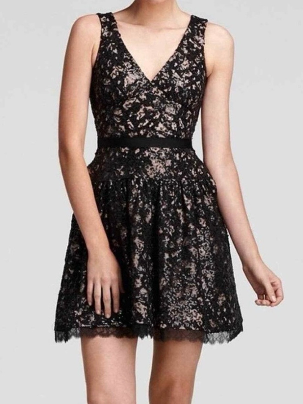 BCBG MaxAzria Katarina Black Lace over Beige V-Neck Open Back Mini Dress